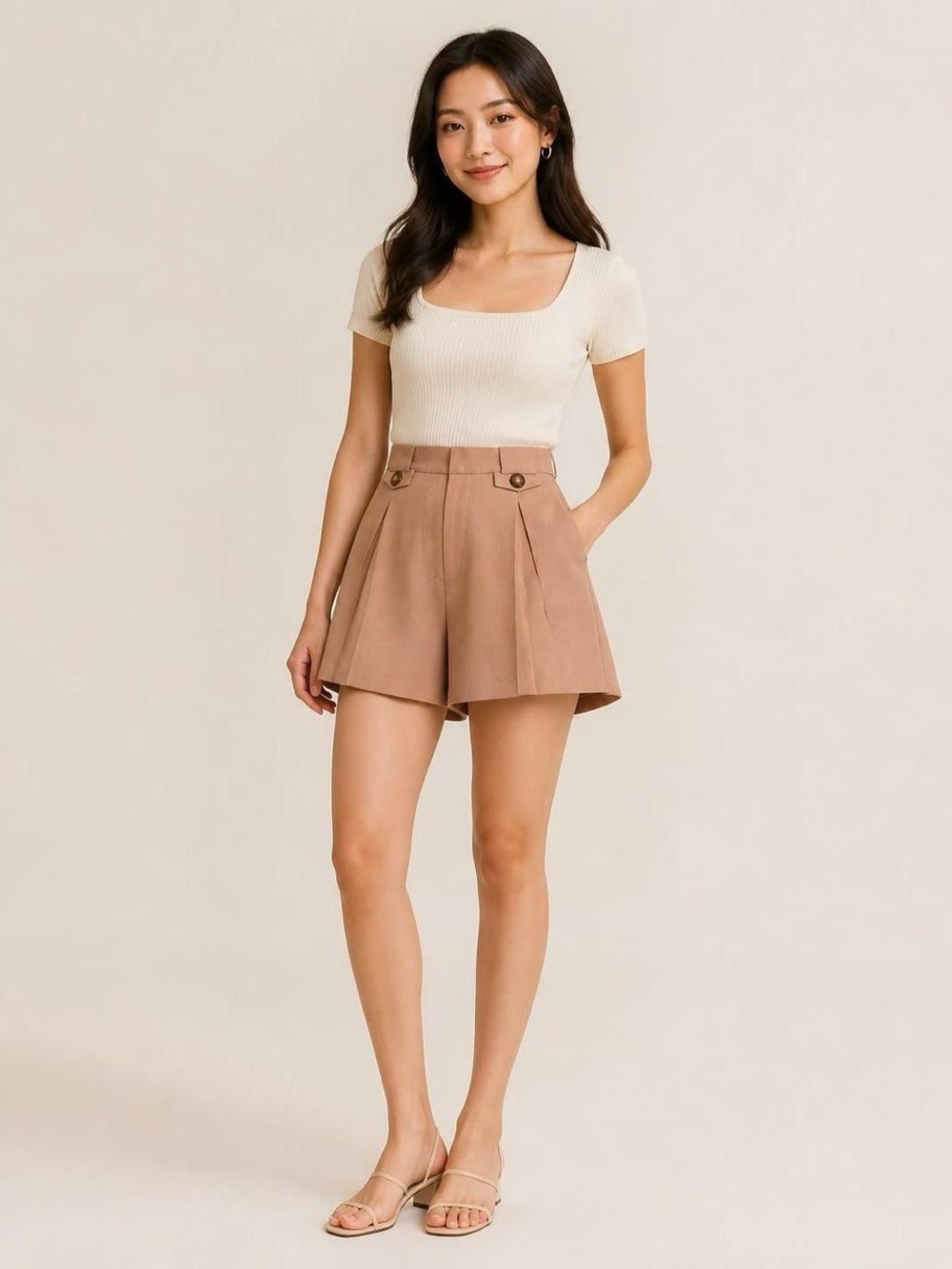 Express High-Rise Pleated Women's Shorts in Tan